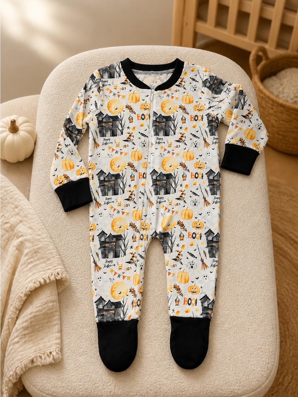 Nwt Infant Baby Halloween White/Orange/Back One Piece With Feet - Size 3-6m